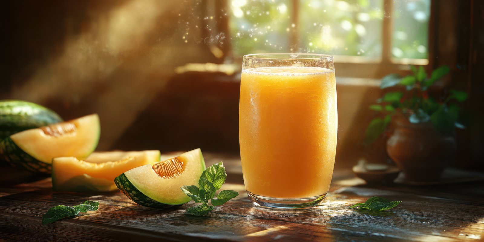 Refreshing melon juice served in a glass beside sliced melons and mint leaves in a sunlit kitchen